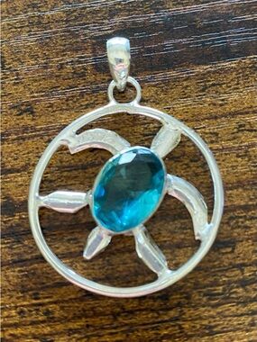 Silver Turtle Pendant with Teal Blue Gemstone - Women Jewelry
